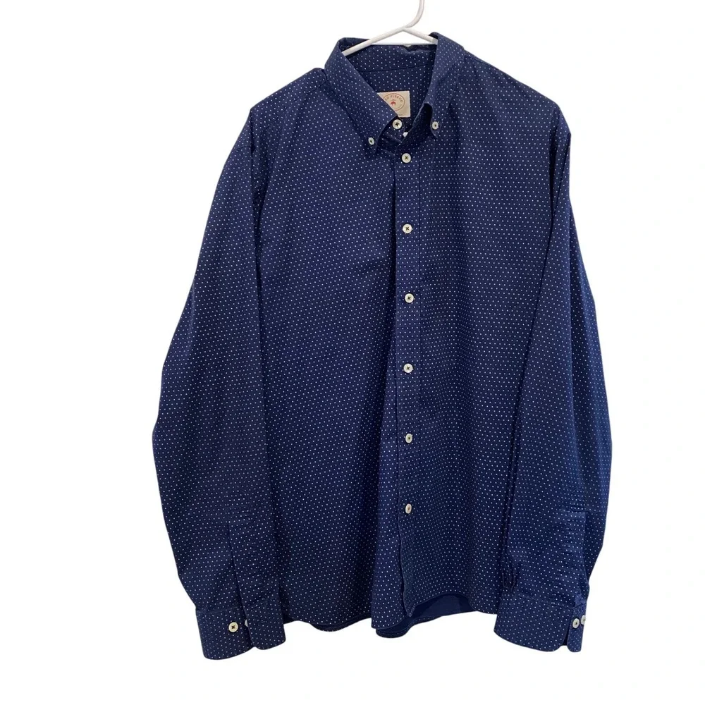Brooks Brothers Red Fleece Mens XL Navy Blue Polka Dot Stretch Button Down Shirt